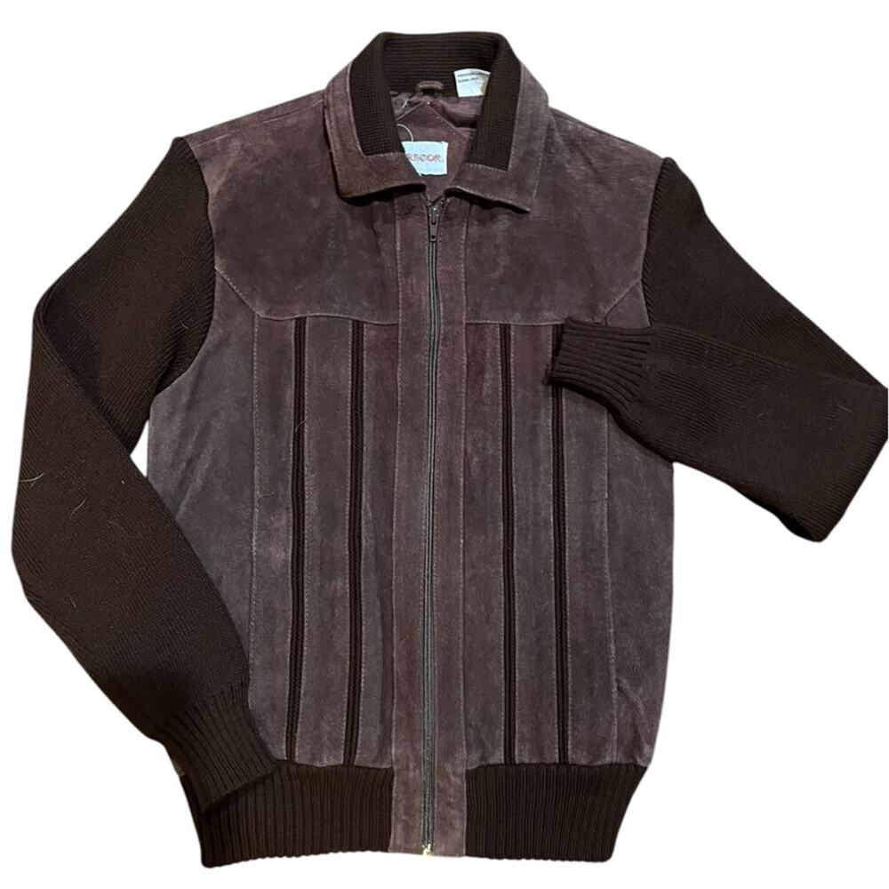 Vtg 80s Rugged Brown Suede Knit Sleeve Retro Grandpa Bomber Jacket M Retro